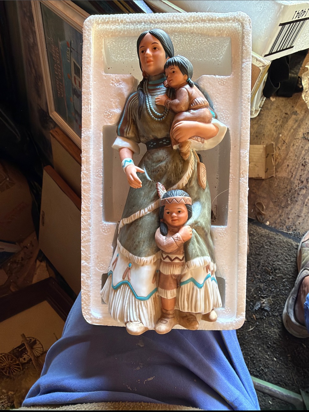 Vintage Native Mother and Children Figurine in Olive Green and Cream